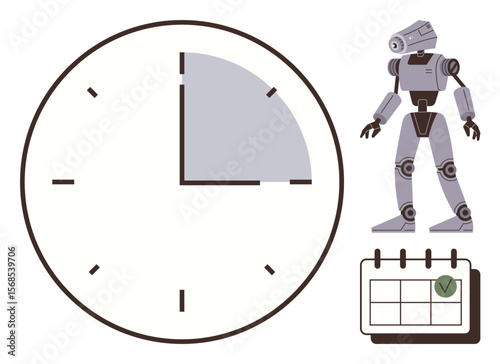 Robot beside a large clock and calendar with a checked date. Represents time management, automation, and planning. Ideal for productivity, robotics, scheduling, time tracking, AI deadlines simple