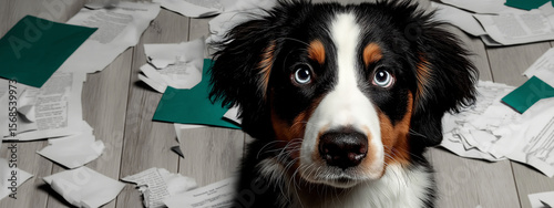 Dog surrounded by torn papers and documents on messy floor, exhibiting erratic behavior