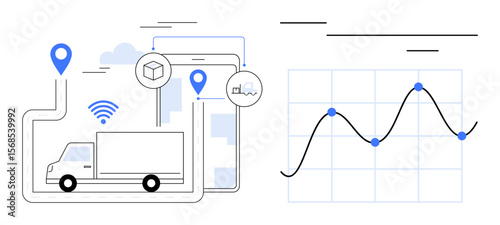 Delivery truck with location pins, wireless signals, and chart data visualization highlighting logistics optimization. Ideal for supply chain, delivery efficiency, fleet management, tracking