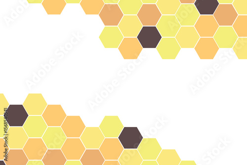 Hexagon pattern with honeycomb, cartoon bees. Vector illustration, geometric texture. Design template for invitation, card. Doodle style. Background with copy space.