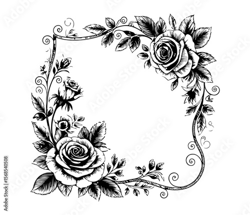 Vintage black and white rose floral frame with hand-drawn leaves and swirling vines, elegant corner border ornament for invitations, greeting cards, and decorative design
