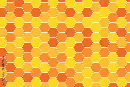 Hexagon pattern with honeycomb, cartoon bees. Vector illustration, geometric texture. Design template for invitation, card. Doodle style. Background with copy space.