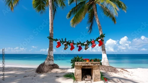 Tropical Christmas on a tropical beach paradise, palm trees adorned with festive stocking garlands, a charming stone fireplace built right on the sand, and the sparkling blue ocean 