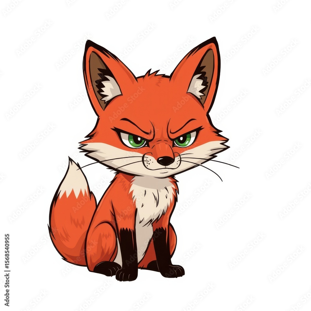 Fototapeta premium An animated fox stares intensely with a furrowed brow and green eyes, radiating a stern and grumpy demeanor.