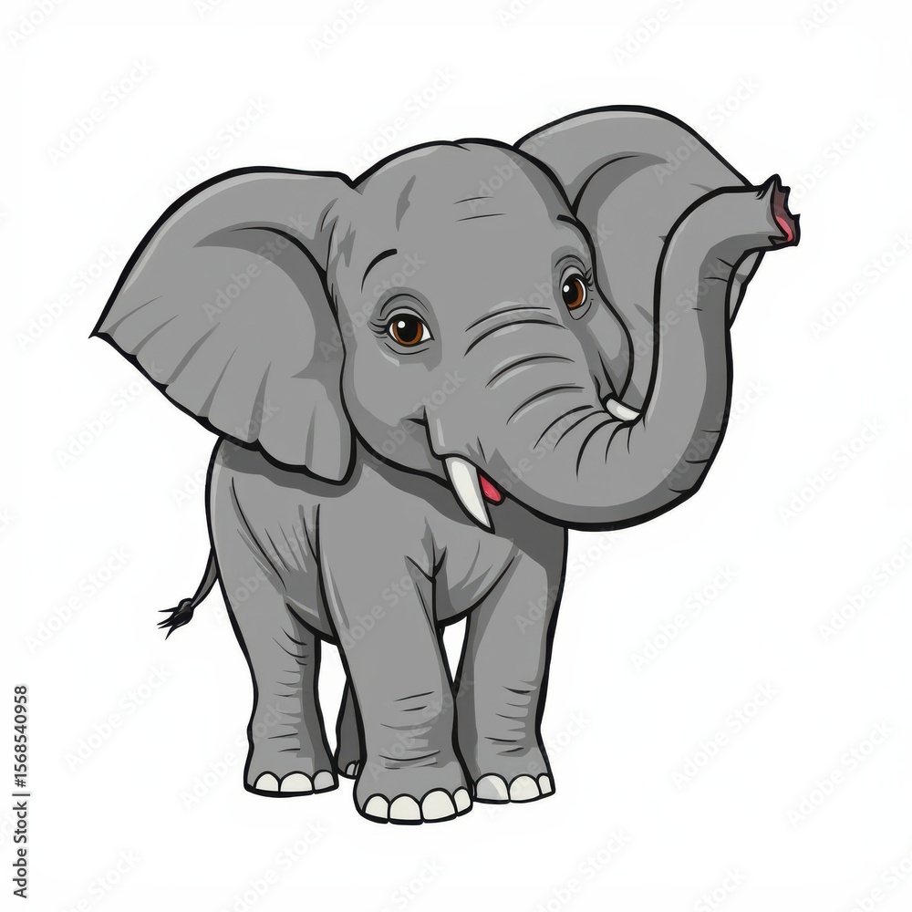 Fototapeta premium A cheerful cartoon elephant with large ears and a raised trunk, set against a clean white background.