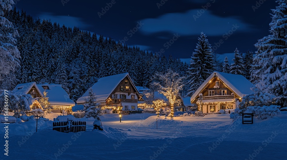 Fototapeta premium Snow-covered village homes at night.