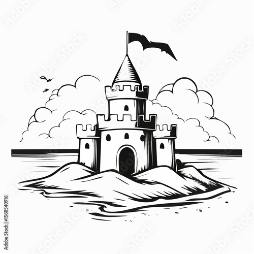 Sand castle Image. Beautiful sand castle on the sand by the sea image vector isolated on white background.