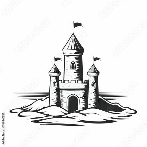 Sand castle Image. Beautiful sand castle on the sand by the sea image vector isolated on white background.