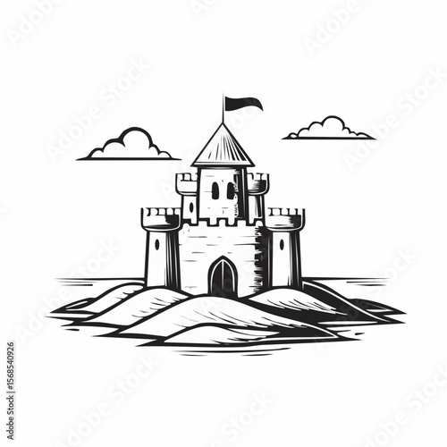 Sand castle Image. Beautiful sand castle on the sand by the sea image vector isolated on white background.