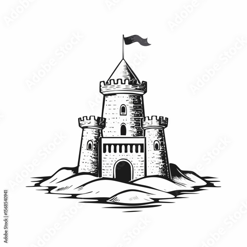 Sand castle Image. Beautiful sand castle on the sand by the sea image vector isolated on white background.