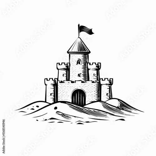 Sand castle Image. Beautiful sand castle on the sand by the sea image vector isolated on white background.