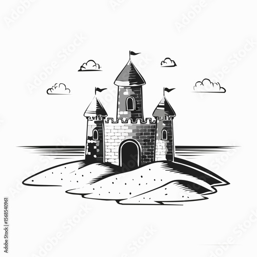 Sand castle Image. Beautiful sand castle on the sand by the sea image vector isolated on white background.