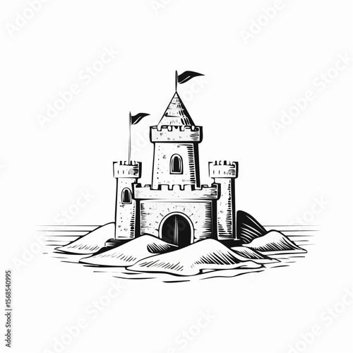 Sand castle Image. Beautiful sand castle on the sand by the sea image vector isolated on white background.