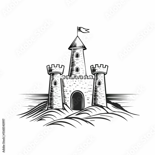 Sand castle Image. Beautiful sand castle on the sand by the sea image vector isolated on white background.