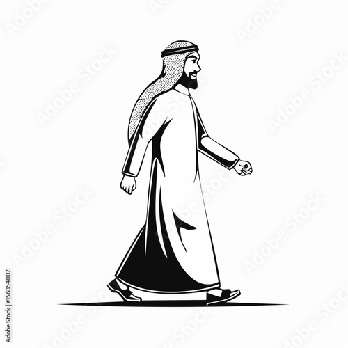 Arabic man walking sideways isolated white background in traditional costume image.