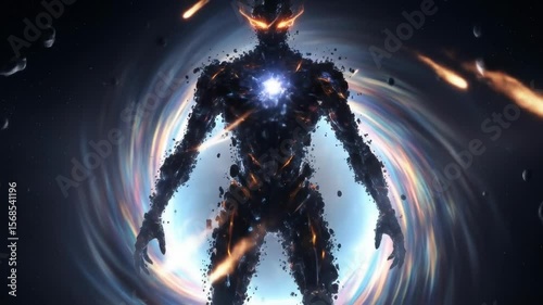 Cosmic Entity Standing Before a Space Portal with Meteors