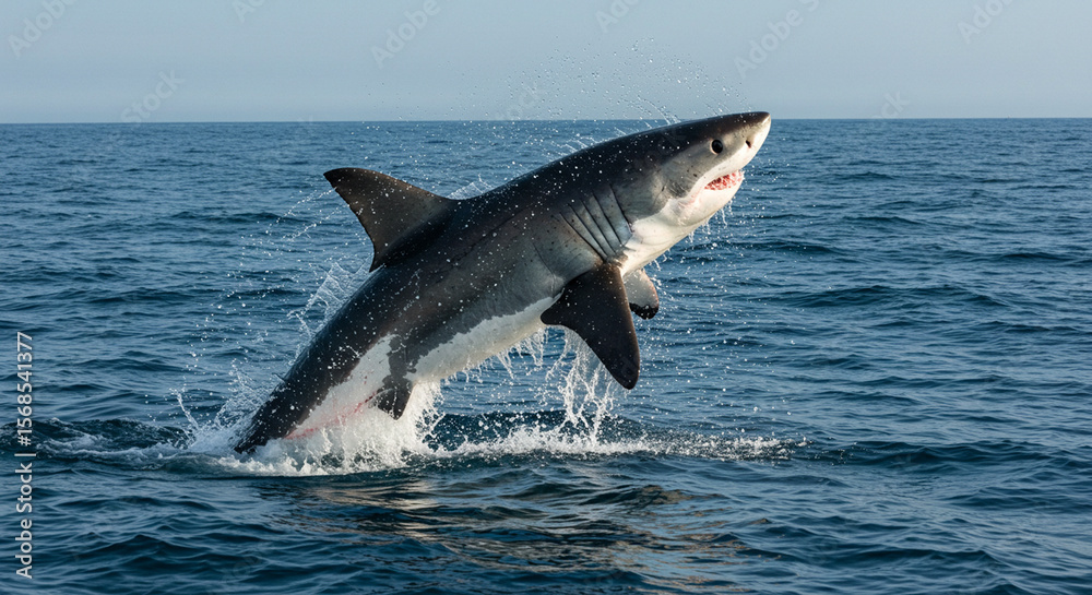 Fototapeta premium A powerful ocean predator dramatically breaches the deep blue water, creating an impressive splash.