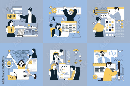 Design software development concept of social media banners set for web. People creating program code, engineering back end design and programming interface and user layouts. Vector illustrations.