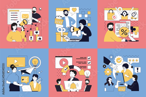 Digital content marketing concept of social media banners set for web design. People making internet advertising, online promotion for attracting clients, offering bonus, gifts. Vector illustrations.