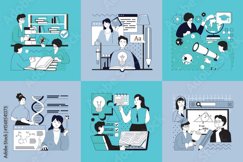 Education concept of social media banners set for web design. People learning science, reading book, studying at school lessons, gain knowledge and skills, training at tutorials. Vector illustrations.