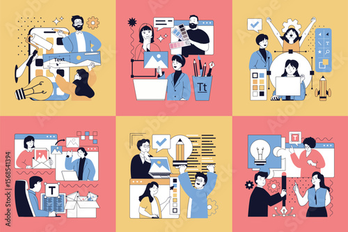 Graphic web design concept of social media banners set. People working on website, finding creative ideas for project, coding and programming, designers drawing digital content. Vector illustrations.
