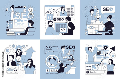 Seo optimization concept of social media banners set for web design. People research website traffic data, finding query in browser, selecting keywords, optimizes site metrics. Vector illustrations.