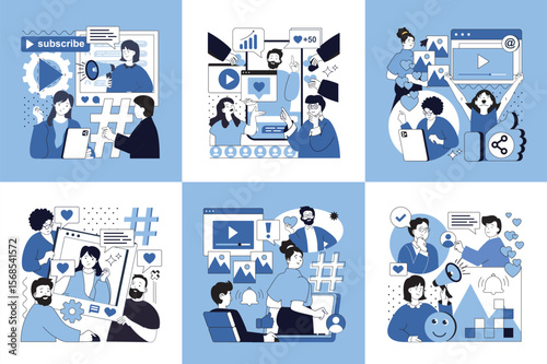 Social media influencer concept of social media banners set for web design. People creating posts with photos and advertising, online promotion, communicating with followers. Vector illustrations.