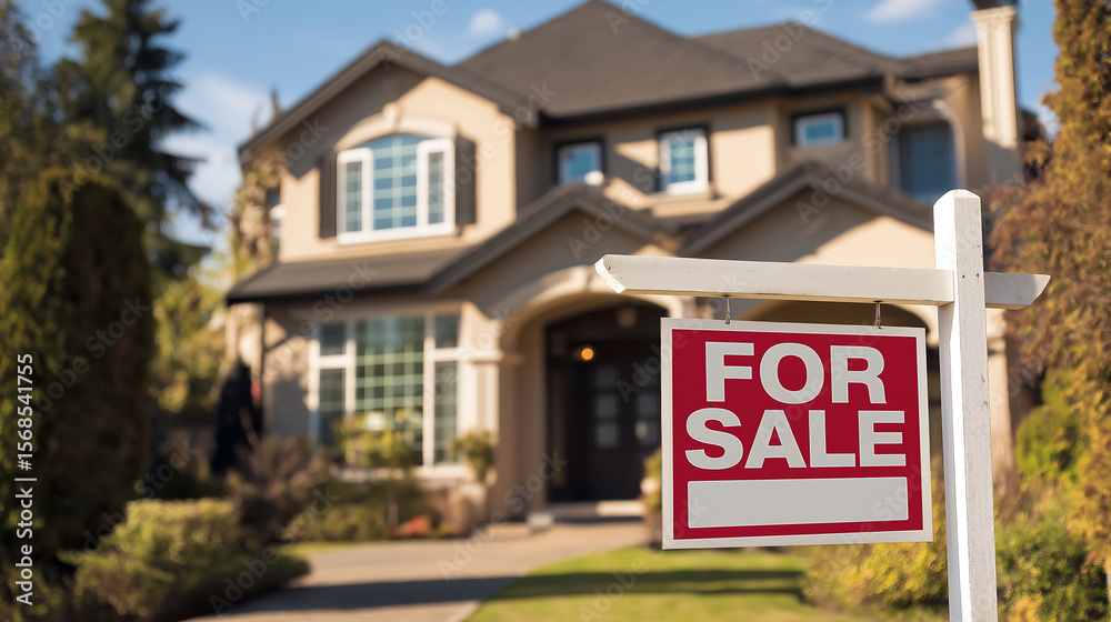 For Sale sign in front of beautiful house. Dream home awaits! For Sale sign in front of beautiful house. Dream home awaits!