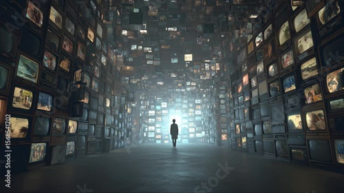 Man standing in surreal room filled with stacked vintage televisions, glowing screens creating futuristic ambiance.