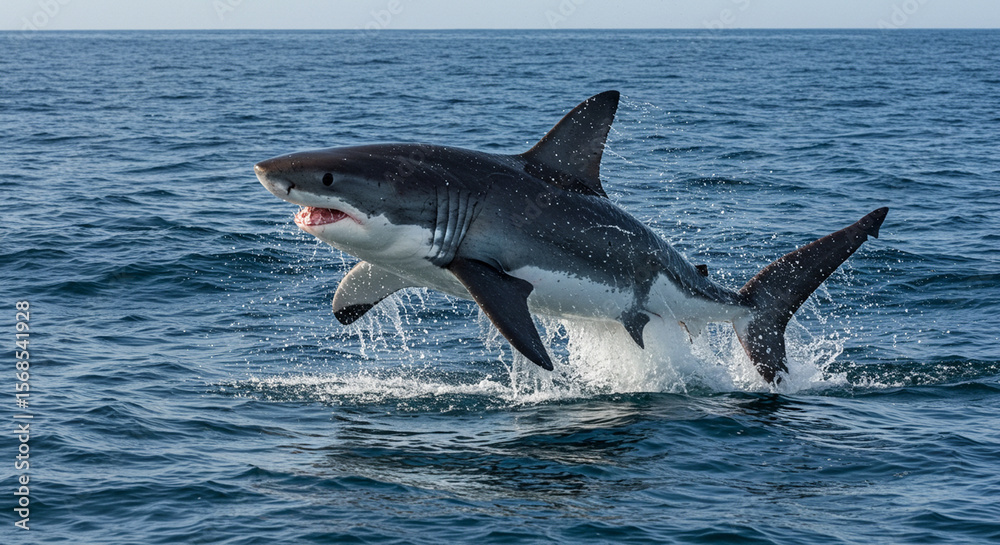 Fototapeta premium An immense marine predator explodes from the ocean waves, showcasing its raw power and agility.