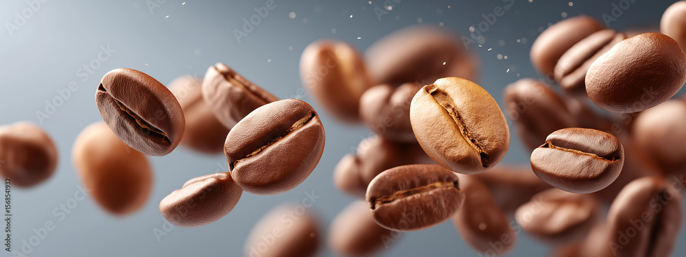 Obraz premium Close-up of golden roasted coffee beans flying in the air. High-quality product photography with soft shadows and clean sharp focus