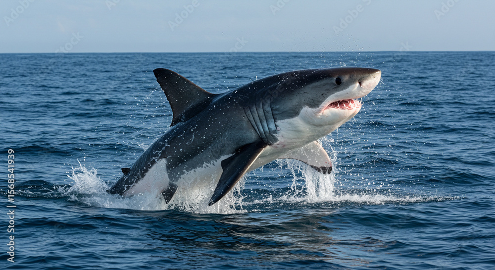 Fototapeta premium A powerful great white shark dramatically leaps from the deep blue ocean creating a spectacular splash.