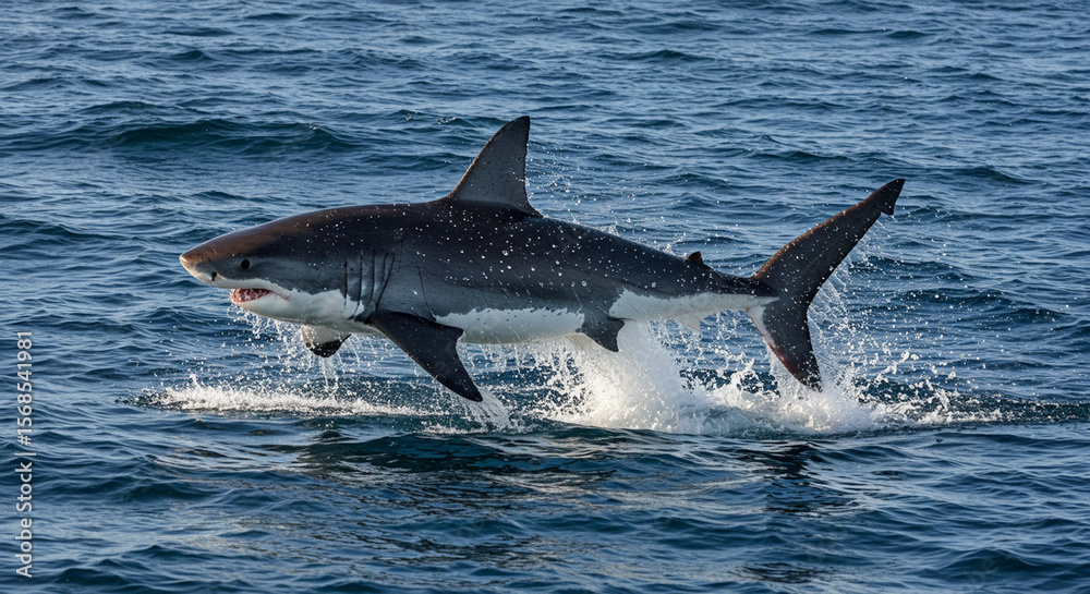 Fototapeta premium Powerful predatory shark leaps from ocean waves in a dramatic display of natural hunting behavior.
