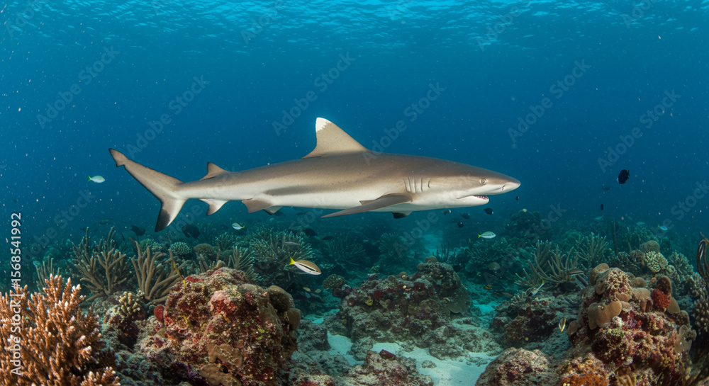 Fototapeta premium A sleek shark glides effortlessly above a diverse and colorful coral reef in the sun-dappled ocean.