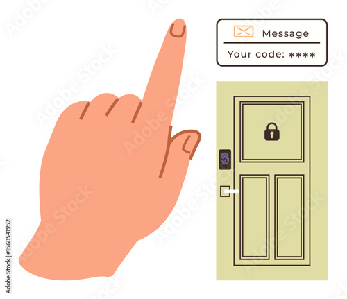 Hand pointing at smartphone notification with passcode, illustrating smart lock next to secure door. Ideal for security, technology, smart home, access control, privacy, innovation, simple landing