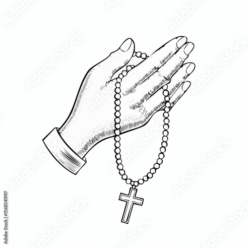 A hand holding a rosary and a cross Image vector isolated on white background.