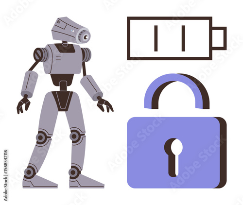 Humanoid robot with mechanical joints, battery icon symbolizing energy, and a padlock for security. Ideal for AI, robotics, energy, cybersecurity, digital transformation, innovation simple landing