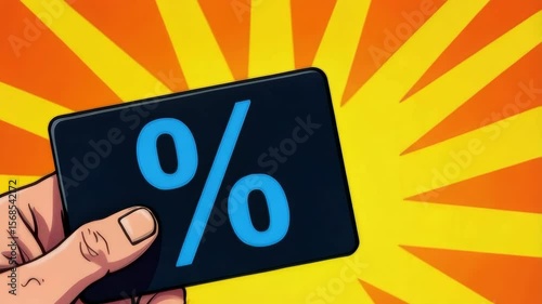 A hand presents a dark card with a bright blue percent symbol against a dynamic yellow and orange radiating background. Savings ahead!