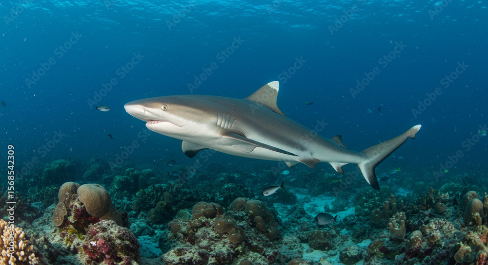 Fototapeta premium A sleek grey reef shark gracefully glides through the clear blue ocean water above a vibrant coral ecosystem.