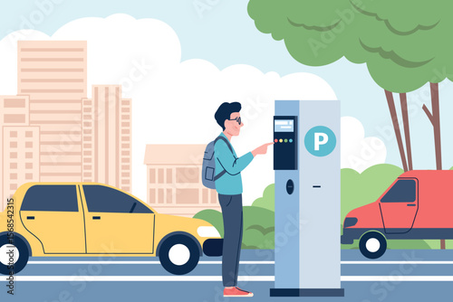 Parking system pay. Male driver paying for park place in automat. Modern payment system, ticketing machine in city center, recent vector scene