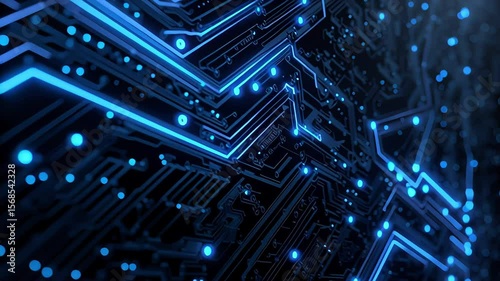 Close-up of a glowing blue digital circuit board with futuristic neon lines and connections. Concept of technology, innovation and electronic infrastructure
