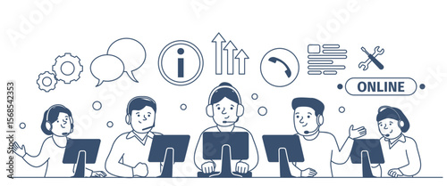 Customer service scene. Online helpline, clients support or answer on question. Operators with laptop on headphones. Linear characters recent vector concept