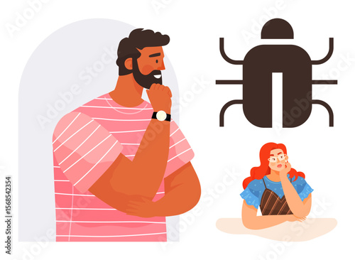 Man and woman contemplate solutions to troubleshoot a bug, symbolizing debugging, problem resolution, and brainstorming. Ideal for tech support, teamwork, innovation, collaboration, critical