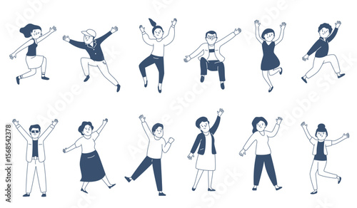 Linear happy people. Joyful teenagers and adults, jumping characters in casual outfits. Male and female celebrate, isolated cheering men women recent vector set