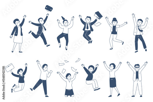 Jumping business characters. Cheering office workers, teenagers and adults. People jump and throw papers documents. Active poses, recent vector set