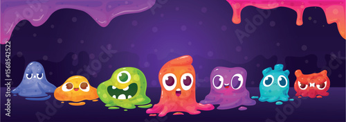 Slimy banner. Funny jelly creatures, cute cartoon monsters group. Crazy emotional characters and liquid slime border. Vibrant nowaday vector background