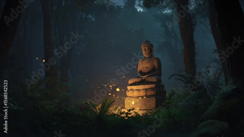 Ancient Buddha statue illuminated in dark forest with glowing fireflies, spiritual and tranquil atmosphere.