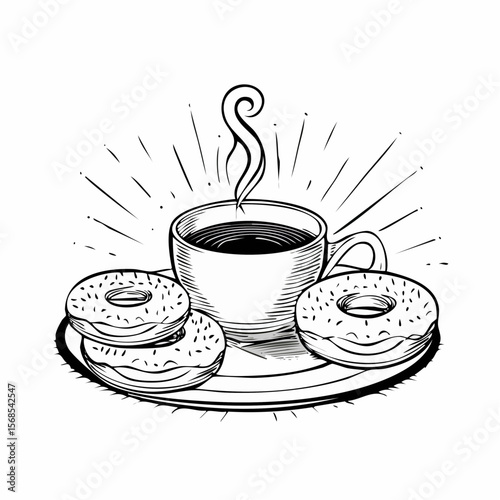 Donuts and coffee on morning breakfast table Image Vector Isolated on white Background.