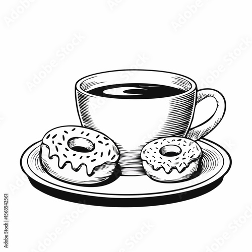 Donuts and coffee on morning breakfast table Image Vector Isolated on white Background.