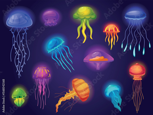 Cartoon color jellyfish. Underwater jelly characters, neon vibrant jellyfish with light effect. Different sea ocean creatures, nowaday vector clipart
